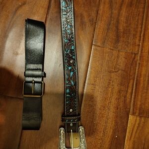 Black and Brown Leather Belts with Floral Design